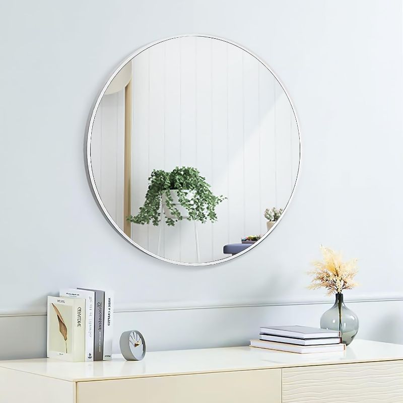 Photo 1 of 16" Round Mirror Circle Wall Mounted Hanging or Against Wall Metal Frame Dressing Make-up Mirrors for Entryway Bedroom Bathroom Living Room 16 inch Silver