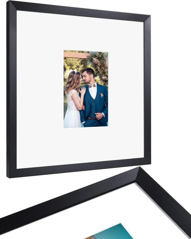 Photo 1 of 14x14 Frame Black, Display Picture 10x10 or 5x7 with Mat or 14x14 without Mat, Solid Wood Acrylic Cover Photo Poster Square Picture Frames with 2 Mats Gallery Wall Mounting Home Décor Gift, 1 Pack