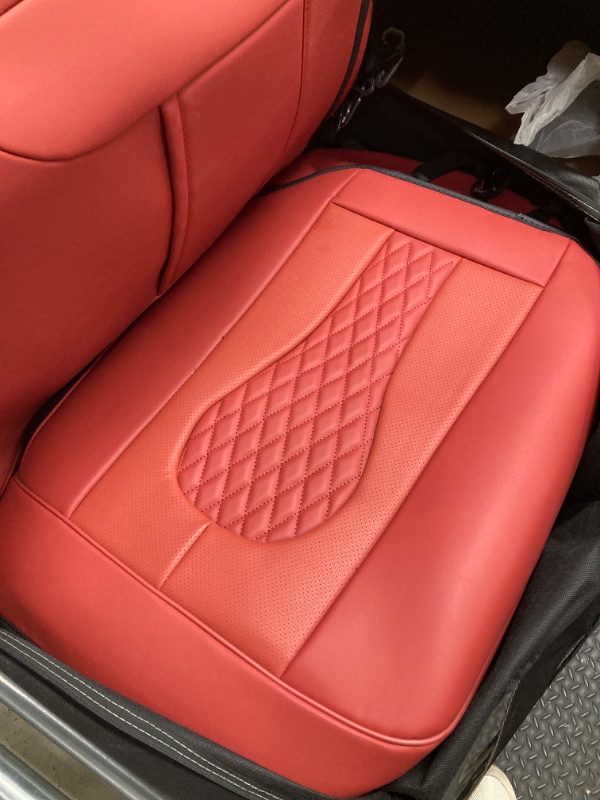 Photo 3 of Coverado Leather Seat Covers Full Set, 5 Seats Universal Seat Covers for Cars, Waterproof Luxury Leatherette Seat Cushions, Front and Rear Seat Protectors, Auto Seat Covers Fit for Most Vehicles Red