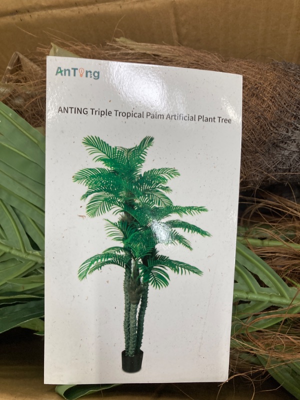 Photo 3 of AnTing 8.5ft Artificial Palm Trees Triple Tropical Palm Artificial Plant Tree Outdoor Indoor in Pot Large Palm Plants for Living Room Front Porch Patio Pool Garden Home Office Decor Green Triple Tropical Palm 8.5ft