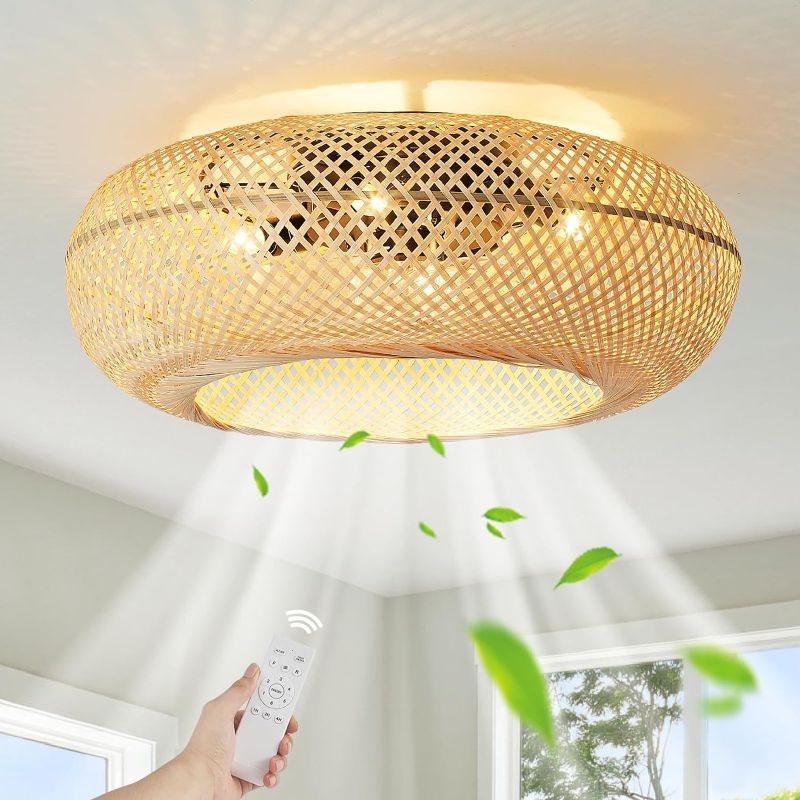 Photo 1 of 20'' Flush Mount Rattan Caged Boho Ceiling Fan with Lights, Small Fandelier Enclosed Farmhouse Decorative Ceiling Fan Light Fixture with Remote Control for Bedroom, Kitchen, Living Room