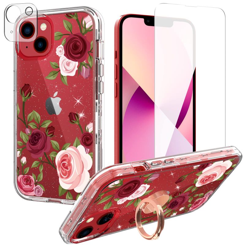 Photo 1 of *** BUNDLE X 2 *** ACKETBOX for iPhone 13 Case with Screen Protector & Camera Lens Protector + Ring Bracket?Floral Pattern Design for Women and Girls Full Body Protective Phone Case for iPhone 13 (Flowers-03)