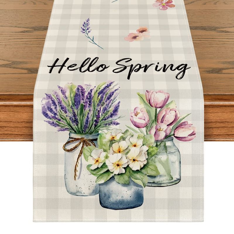 Photo 1 of *** BUNDLE X 2 *** Artoid Mode Buffalo Plaid Lavender Vase Hello Spring Table Runner, Easter Summer Seasonal Anniversary Holiday Kitchen Dining Table Decoration for Indoor Outdoor Home Party Decor 13 x 72 Inch 13" x 72", Table Runner Purple