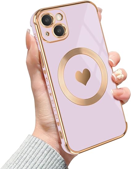 Photo 1 of Magnetic Case Designed for iPhone 11, [Compatible with MagSafe] Cute Gold Heart Design Plating Edge Case for Women& Girl, Soft Silicone Full Protective Shockproof iPhone 11 Case-PURPLE iPhone 11 PURPLE