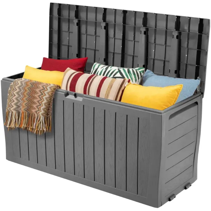 Photo 1 of ***TOP IS DAMAGED***Seizeen 75 Gallon Resin Deck Box on Wheels, Patio Large Storage Cabinet, Outdoor Waterproof Storage Chest, Storage Container for Outside Furniture Cushions, Garden Tools, Kids' Toys, Gray, D7232