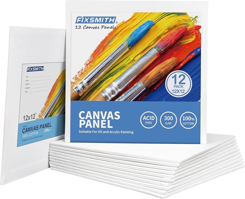 Photo 1 of FIXSMITH Canvas Boards for Painting 12x12 Inch, Super Value 12 Pack White Blank Canvas Panels, 100% Cotton Primed, Painting Art Supplies for Professionals, Hobby Painters, Students & Kids