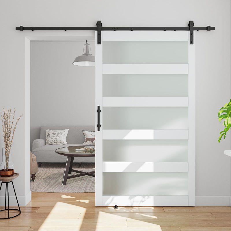 Photo 1 of 42in x 84in 5-Panel Sliding Glass Barn Door with 7ft Hardware Kit Included, Easy Assembly with Pre-Drilled Holes, Waterproof, Frosted Glass for Bathroom-Fit Max Opening 40in x 82in, White 42"x84" Door+7' Track Kit White