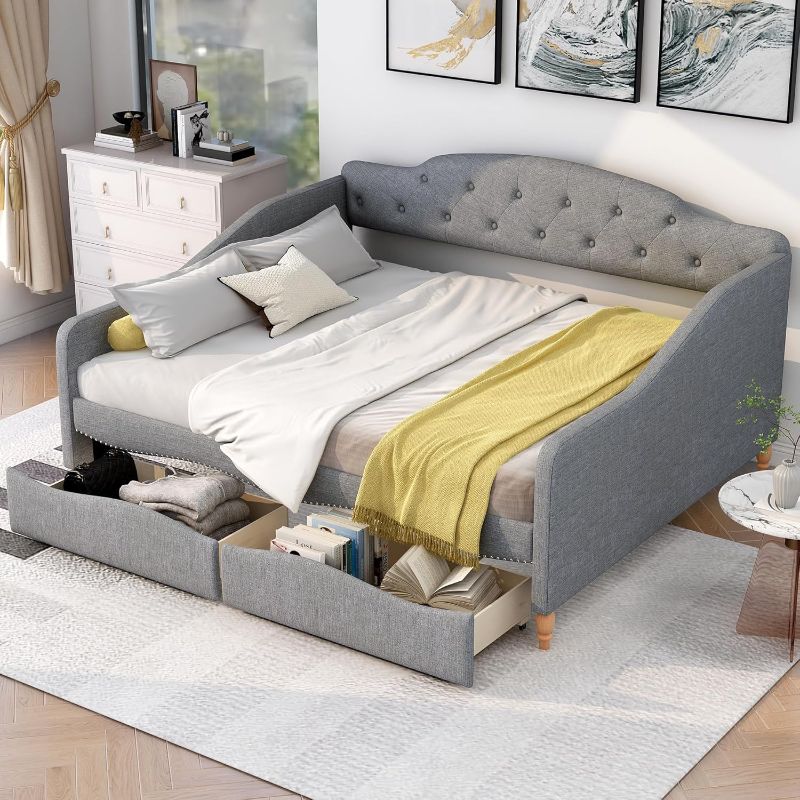 Photo 1 of Harper & Bright Designs Full Size Upholstered Daybed with 2 Storage Drawers and Button Tufted Backrest, Wood Daybed Frame Sofa Bed, No Box Spring Needed, Linen,Gray
