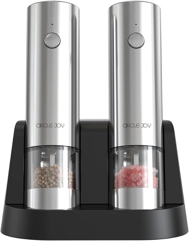 Photo 1 of CIRCLE JOY Electric Salt and Pepper Grinder Set Stainless Steel Spice Grinder Automatic Pepper Mills with Easy-to-Carry Dual Charging Station, White Led Light, and Adjustable Coarseness, Silver