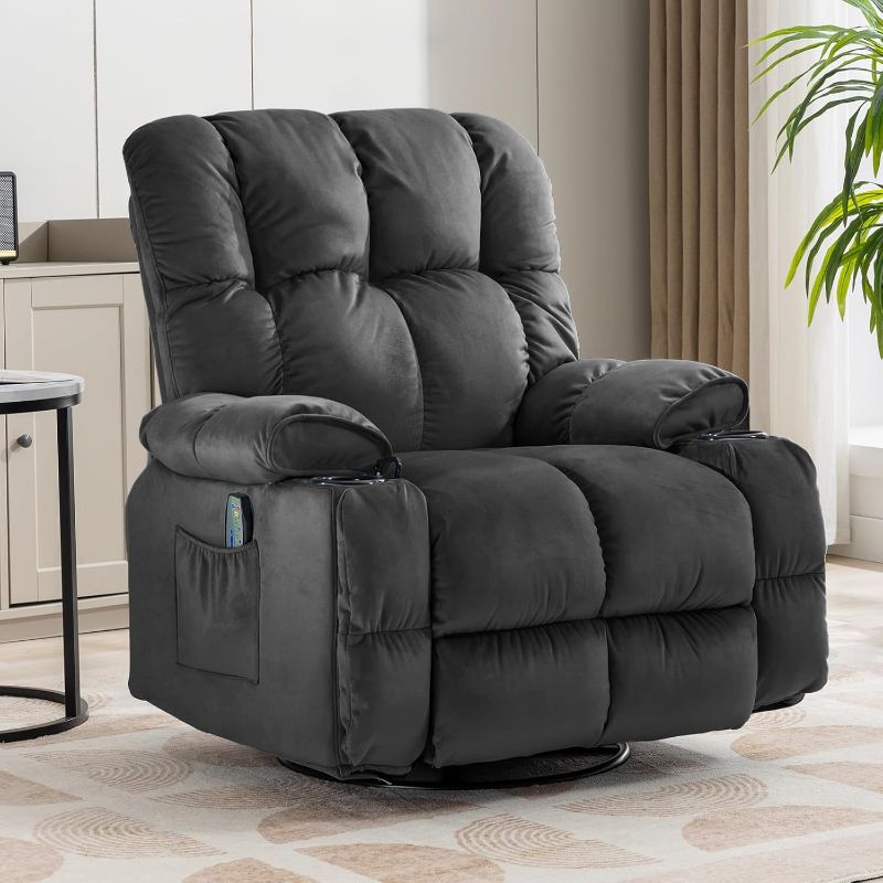 Photo 1 of COMHOMA Recliner Chair, Swivel Rocker Recliner with Cup Holders, Heat and Massage, Fabric Recliners Sofa for Living Room (Grey)