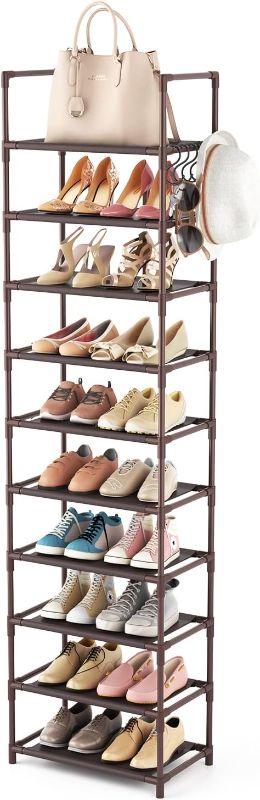 Photo 1 of 10 Tiers Tall Shoe Rack 20-25 Pairs Boots Organizer Storage Sturdy Narrow Shoe Shelf for Entryway, Closets with Hooks, Brown