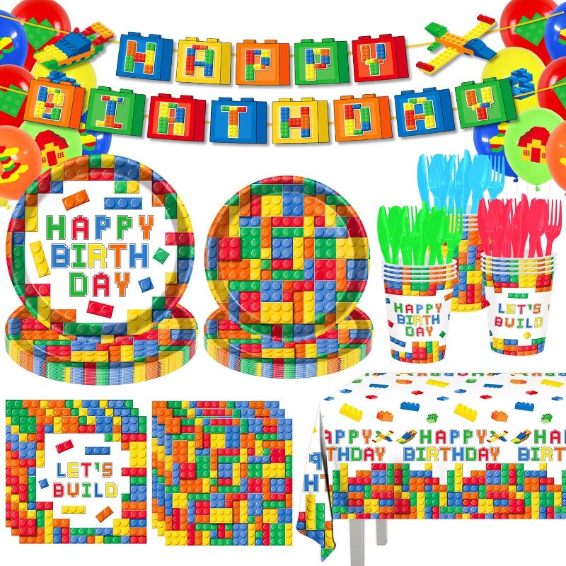 Photo 1 of 196Pcs Building Block Party Supplies Paper Plates Napkins Cups Tablecloth Banner for Colorful Building Block Birthday Party Decorations for Boys, Kid’s Birthday Party Decorations Serve 24