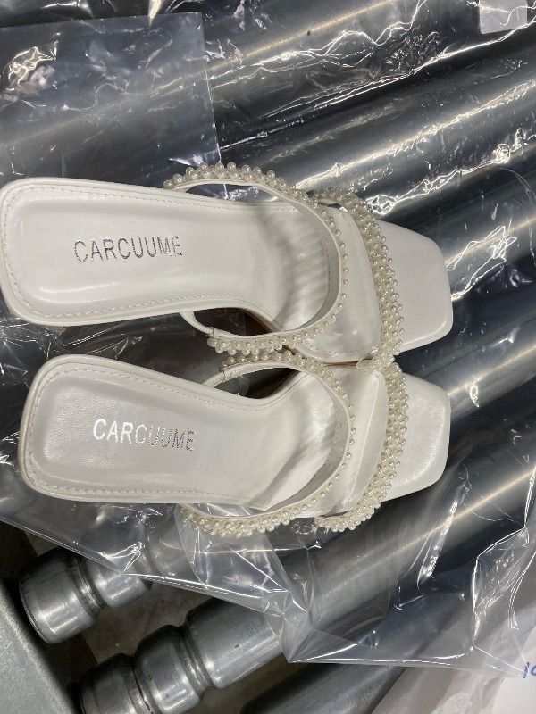 Photo 1 of **NO BOX**Carcuume Women's Square Toe Two Strap Open Toe Block Heels Sandals Slip On Shoes,White Pearl A SIZE 8