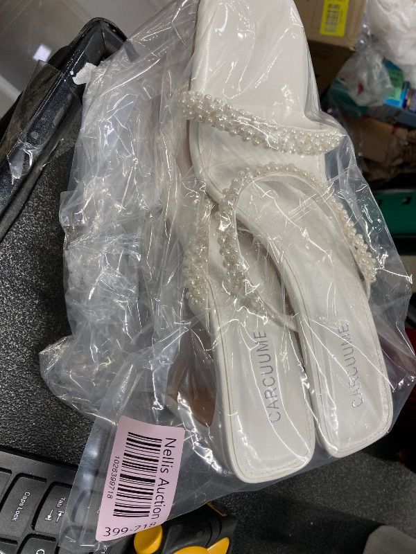 Photo 1 of **NO BOX**Carcuume Women's Square Toe Two Strap Open Toe Block Heels Sandals Slip On Shoes,White Pearl A, SIZE 9