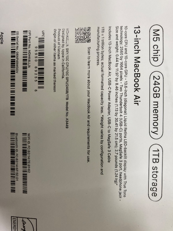 Photo 1 of **Factory Sealed, its not permitted to Return, Not Refund**Apple 2026 MacBook Air 13-inch Laptop with M5 chip: Built for AI, 13.6-inch Liquid Retina Display, 24GB Unified Memory, 1TB SSD, 12MP Center Stage Camera, Touch ID, Wi-Fi 7; Sky Blue