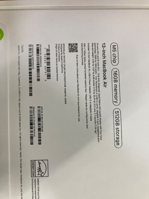 Photo 1 of **Factory Sealed, its not permitted to Return, Not Refund**Apple 2026 MacBook Air 13-inch Laptop with M5 chip: Built for AI, 13.6-inch Liquid Retina Display, 16GB Unified Memory, 512GB SSD, 12MP Center Stage Camera, Touch ID, Wi-Fi 7; Sky Blue