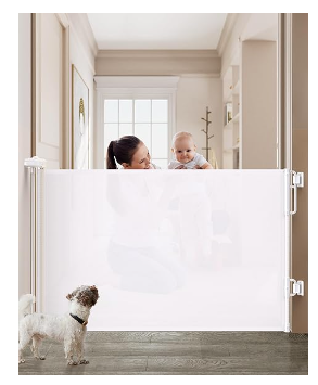 Photo 1 of Cumbor Retractable Baby Gates for Stairs, Family & Mom's Choice Awards Winner-Extends up to 55" Wide Mesh Dog Gate for The House, 34" Tall Safety Gates for Doorways,Pet Gate Indoor & Outdoor, White