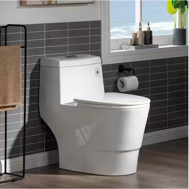 Photo 1 of 1-Piece 1.28 GPF Dual Flush Elongated Toilet in White with Chrome Button