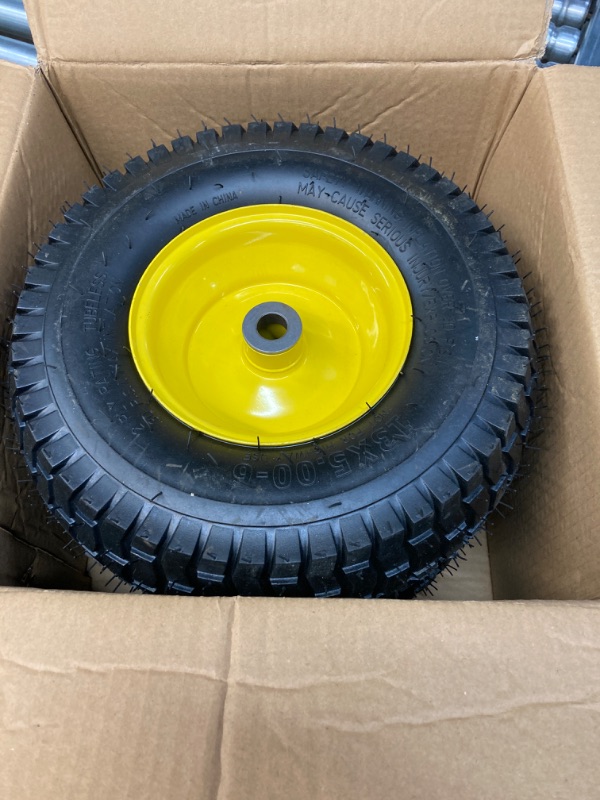 Photo 2 of (2 Pack) AR-PRO Exact Replacement 15" x 6.00-6" Front Tire and Wheel Assemblies for John Deere Riding Mowers - Compatible with John Deere 100 and D100 Series - 3” Centered Hub and 3/4” Bushings 15 x 6.00-6" Yellow