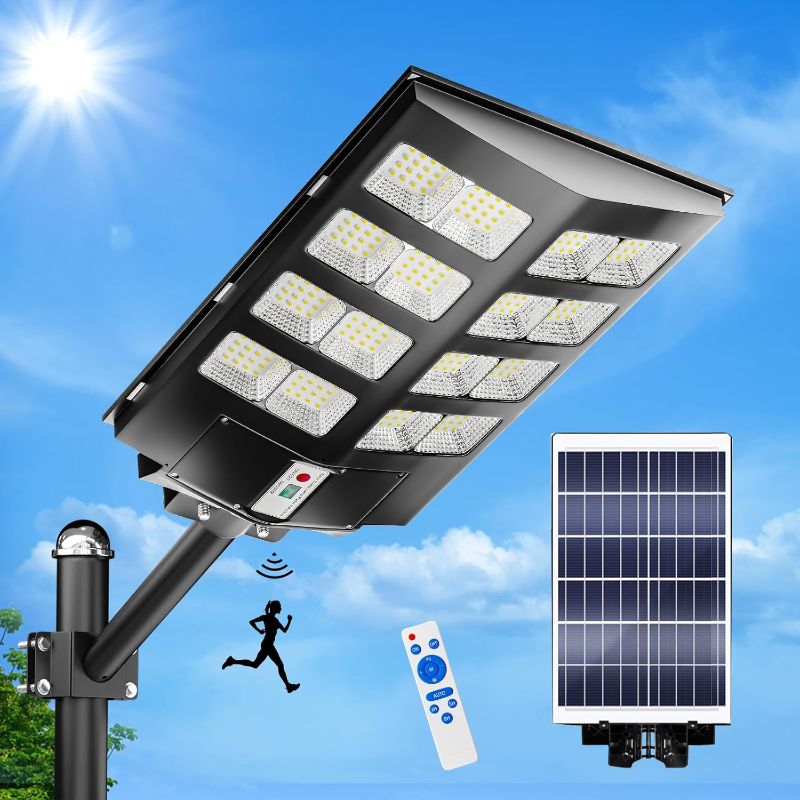 Photo 1 of 1000W Solar Street Light Outdoor Waterproof, 128000LM Solar Parking Lot Lights-Commercial Dusk to Dawn, IP67 6500k LED Street Light with Remote Control Motion Sensor for Garage, Yard, Barn 1P
