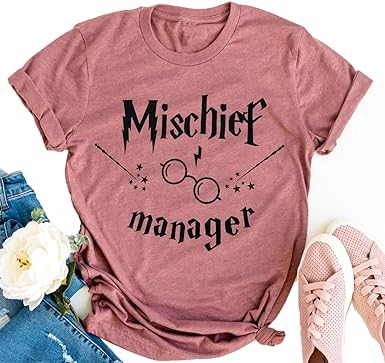 Photo 1 of Mischief Manager T-Shirt Funny Magical Mom Trip Shirt Mama Short Sleeve Graphic Tee Shirt Tops (small, pink)
