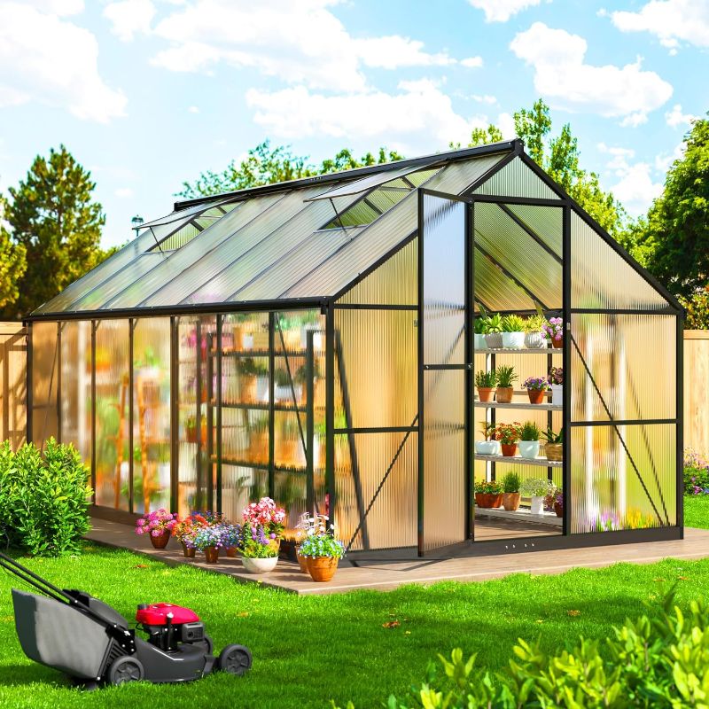 Photo 1 of ***MISSING ITEMS, SEE NOTES*** 8x14 FT Greenhouse for Outdoors, Polycarbonate Greenhouse with Quick Setup Structure and Roof Vent, Aluminum Large Walk-in Greenhouse for Outside Garden Backyard, Black