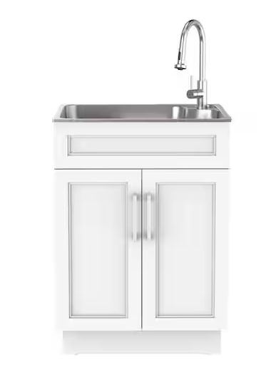 Photo 1 of 24 in. W Drop-In Stainless Steel Laundry Sink with Faucet and White Storage Cabinet