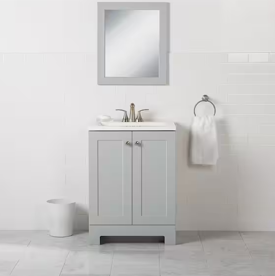 Photo 1 of 24 in. W x 19 in. D x 33 in. H Single Sink Freestanding Bath Vanity in Pearl Gray with White Cultured Marble Top
