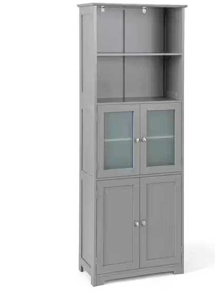 Photo 1 of 23.5 in. W x 12 in. D x 64 in. H Gray Bathroom Tall Storage Linen Cabinet Tower w/Glass Door & Adjustable Shelf