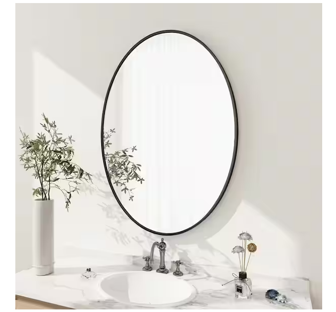 Photo 1 of 24 in. W x 36 in. H Oval Metal Framed Wall Bathroom Vanity Mirror Black