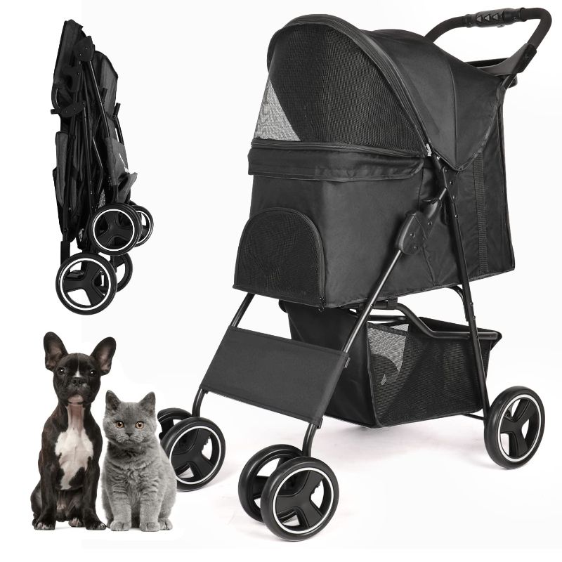 Photo 1 of Pet Dog Stroller, Four Wheels Cat Dog Stroller with Storage Basket, Handle 360° Front Wheel Rear Wheel with Brake for Small Medium Dogs Cats Travel