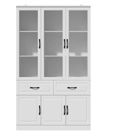 Photo 1 of 78.9 in. Tall 8-Shelf White Wood Standard Bookcase with Adjustable Shelves, Tempered Glass Doors,-Drawers PRODUCT CONTAINS 2 PACKAGES THIS IS PACKAGE 1 OF 2 ONLY