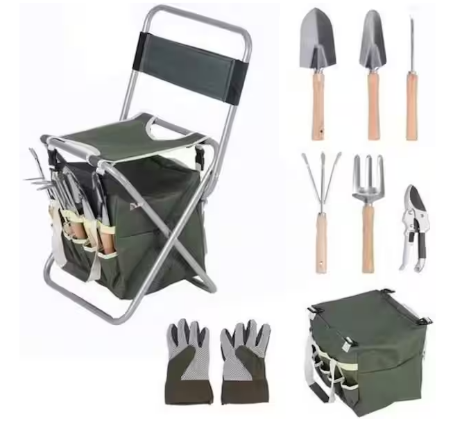 Photo 1 of 9-Piece Outdoor Garden Tool Set Ergonomic Wooden Handle Sturdy Stool with Detachable Tool Kit