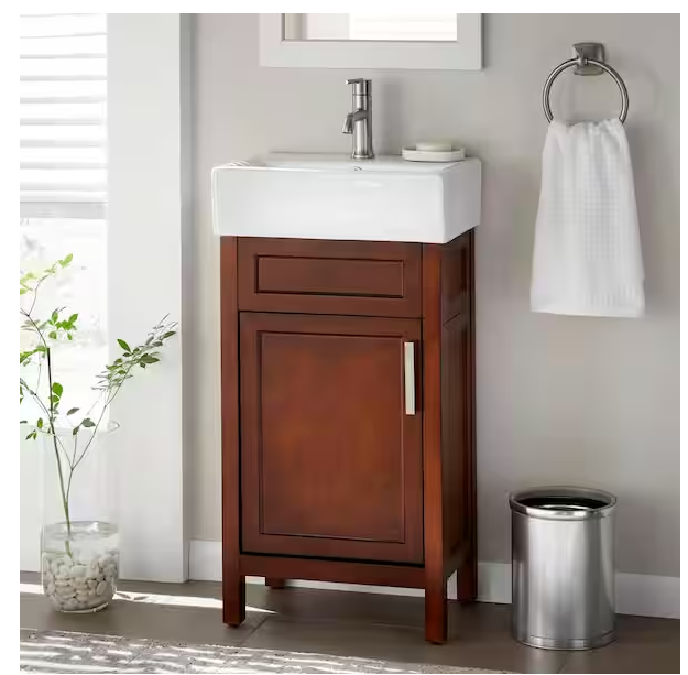 Photo 1 of Arvesen 18 in. W x 12 in. D x 34 in. H Single Sink Bath Vanity in Tobacco with White Ceramic Top