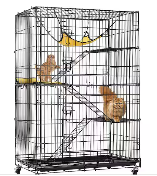 Photo 1 of 4-Tier 49 in. Metal Collapsible Cat Cage with Ramp Ladders Hammock and Bed