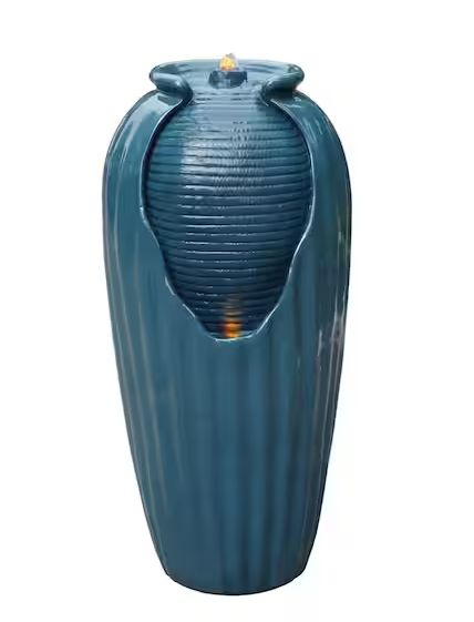 Photo 1 of 32 in. Teal Blue Contemporary Glazed Polyresin Vase Waterfall Floor Fountain with LED Light