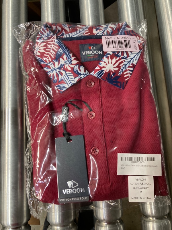 Photo 1 of VEBOON Men's Long Sleeve Casual Polo Shirts Hawaiian Print Fashion Pique Polo for Men Breathable Business Polo Shirts Medium Burgundy