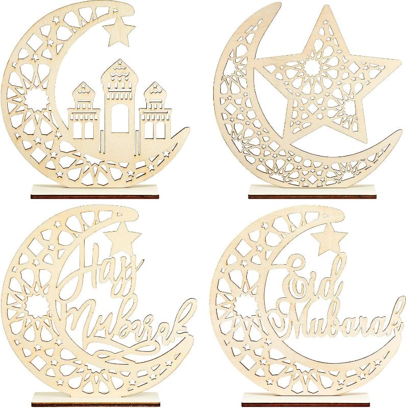 Photo 1 of 4 Pieces Ramadan Eid Mubarak Ornaments Wooden Moon Star Ramadan Table Plaque Ornament Tabletop Decoration for Festival Home Party Supplies 3 pack 