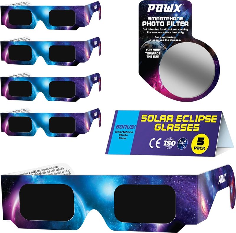 Photo 1 of Solar Eclipse Glasses AAS Approved 2024, (5-Pack) CE/ISO Certified Solar Eclipse Viewing Glasses, Bonus Smartphone Photo Filter 2 pack bundle 