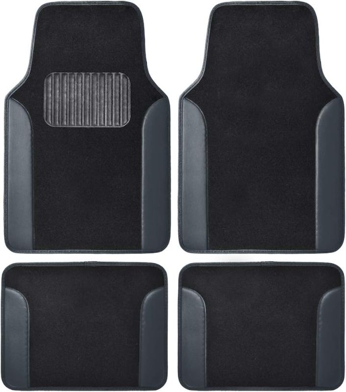 Photo 1 of BDK Floor Mats for Cars, Two-Tone Carpet Car Floor Mats with Faux Leather Accents, Automotive Floor Mat Set with Built-In Heel Pad, Stylish Interior Car Accessories (Gray)