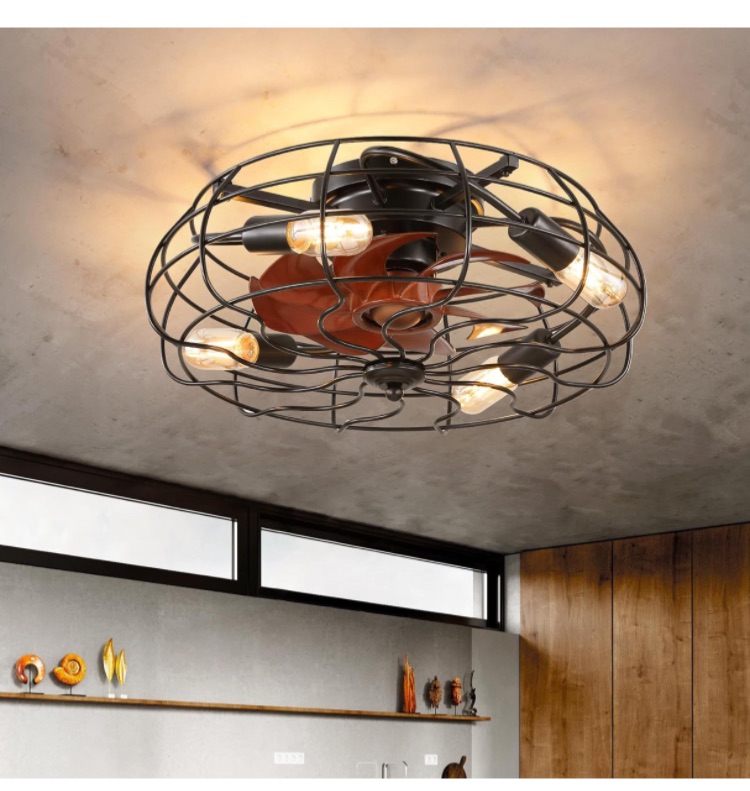 Photo 1 of 20" Flush Mount Caged Ceiling Fans with Lights - Black Bladeless Ceiling Fan with Remote and Reversible Blades, Small Farmhouse Ceiling Fan Light Fixture for Bedroom, Kitchen, Indoor, Covered Patios