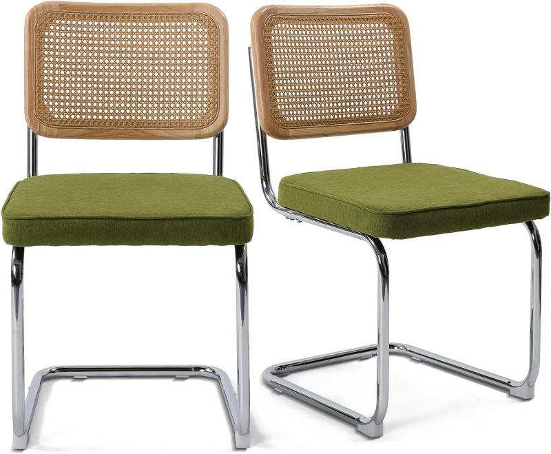 Photo 1 of 31.5" Modern Cesca Cane Dining Chairs, Set of 2, Handwoven Rattan Cane Back, Chrome Base, Upholstered Cotton Seat, Ideal for Kitchen or Dining Room, Green