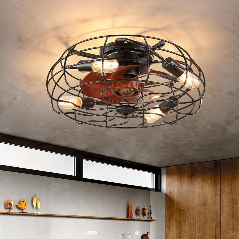 Photo 1 of 20" Flush Mount Caged Ceiling Fans with Lights - Black Bladeless Ceiling Fan with Remote and Reversible Blades, Small Farmhouse Ceiling Fan Light Fixture for Bedroom, Kitchen, Indoor, Covered Patios