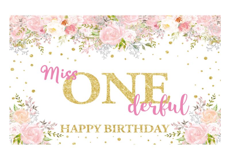 Photo 1 of *** BUNDLE X 3 *** Funnytree Miss Onederful Birthday Backdrop for Baby Girls Sweet 1st First Party Pink Flowers Photography Background Kids Floral Cake Table Decorations Banner Photobooth Props