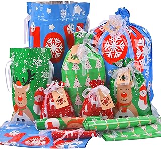 Photo 1 of *** BUNDLE X 3 *** Christmas Gift Bags Assorted Sizes, 22pcs Drawstrings Christmas Bags For Gifts, Presents Wrapping Bags Favor Goody Bags Reusable Plastic Xmas Holiday Gift Bag Bulk Extra Large/Big/Medium/Small Size