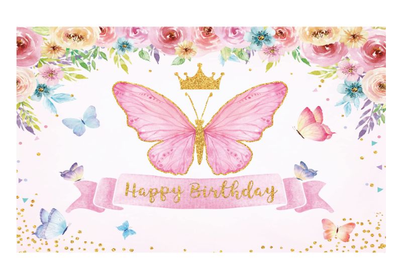 Photo 1 of *** BUNDLE X 5*** Funnytree Happy Birthday Butterfly Party Backdrop Baby Girls Fairy Princess Purple Pink Rose Floral Gold Photography Backdrop Kids Sweet Cake Table Banner Decor Supplies