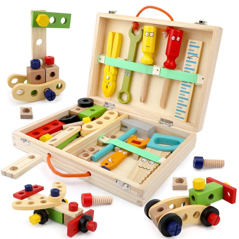 Photo 1 of Tool Kit for Kids Tool Set Wooden Tool Box Set with Colorful Tools Pretend Play Toys Gifts for Toddlers Boys Girls