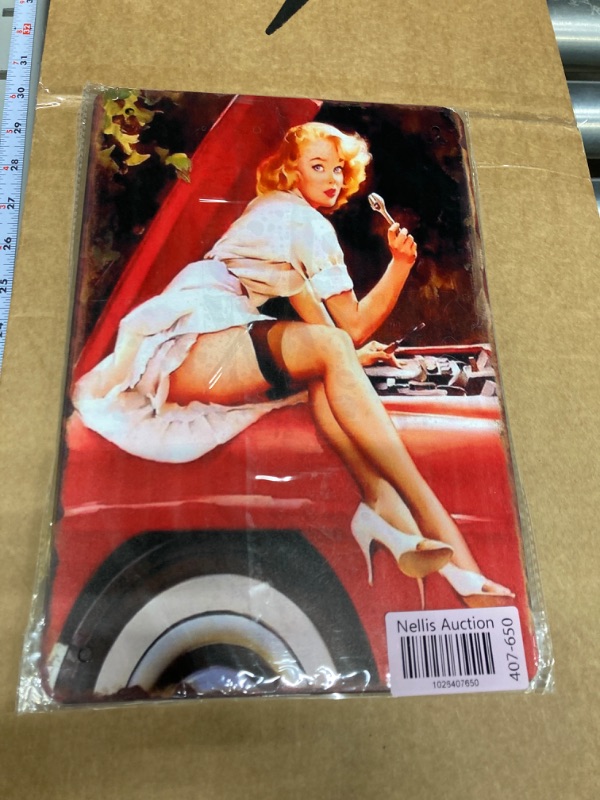 Photo 2 of *** BUNDLE X 3 ** Contrence Vintage Tin Signs Pinup Girl Repairing Car Vintage Wall Decor Retro Art Tin Sign Funny Decorations for Home Bar Pub Cafe Farm Room Metal Posters Metal Tin Signs 8x12 Inches