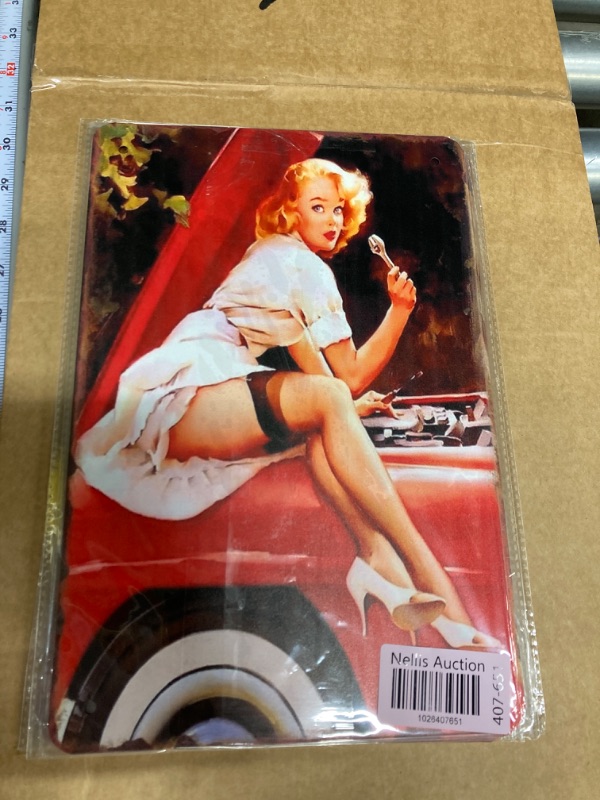 Photo 2 of *** BUNDLE X 3 ** Contrence Vintage Tin Signs Pinup Girl Repairing Car Vintage Wall Decor Retro Art Tin Sign Funny Decorations for Home Bar Pub Cafe Farm Room Metal Posters Metal Tin Signs 8x12 Inches