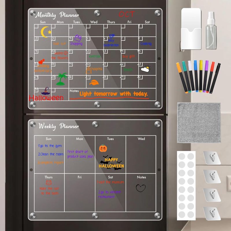 Photo 1 of Acrylic Magnetic Calendar for Fridge and Wall, 16”x12” Monthly and Weekly Dry Erase Board with 8 Markers and Free Accessories (2 Pack)